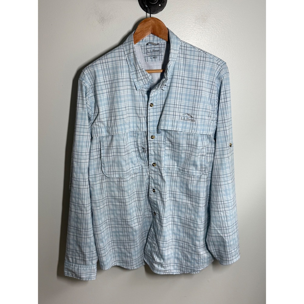 LL Bean Mens Fishing Shirt Large Blue Plaid Long Sleeve Ventilated Hiking Shirt